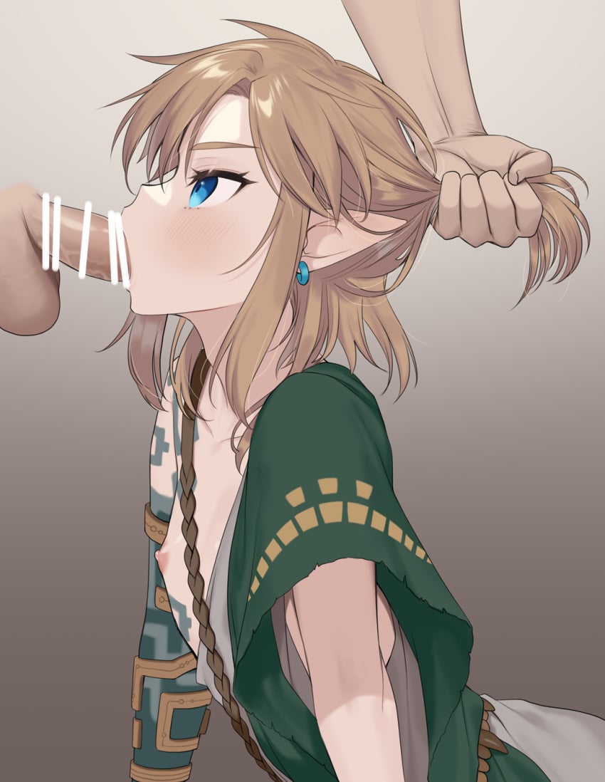 2boys archaic_set_(zelda) arm_tattoo bar_censor blue_eyes blush brown_hair censored collarbone earrings eyelashes fellatio femboy gay gay_blowjob grabbing_another's_hair gradient_background grey_background highres irrumatio jewelry link looking_at_another looking_to_the_side male_focus medium_hair meimone multiple_boys nipples oral out_of_frame parted_bangs penis pointy_ears single_bare_shoulder tattoo the_legend_of_zelda the_legend_of_zelda:_tears_of_the_kingdom yaoi