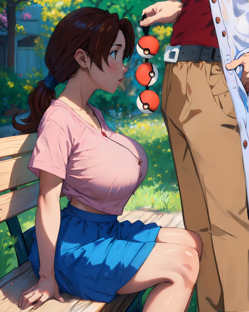 ai_generated bangs bench big_breasts blue_skirt brainwashed brainwashing breasts brown_eyes brown_hair corrupted corruption delia_ketchum_(pokemon) hourglass_figure huge_breasts hypnosis hypnotic_eyes hypnotized looking_up milf mind_control mommy mother park pink_shirt pokeball pokebeads pokemon pokemon_(anime) ponytail professor_oak round_breasts sitting sitting_on_bench skirt skizzen slim_waist suggestive