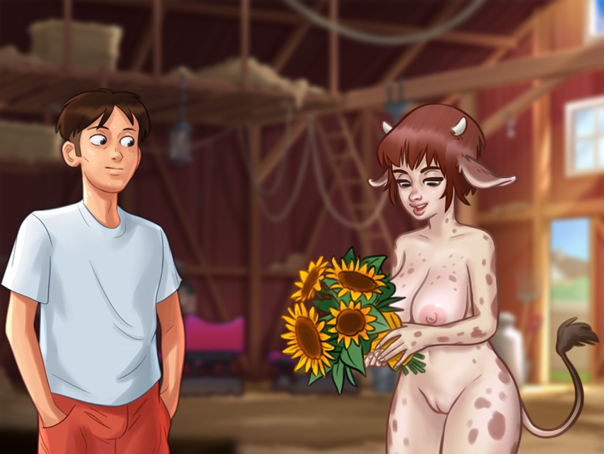 1boy 1girls 2d animal_humanoid areolae barn big_breasts bottomwear breasts brown_hair clothed clothing cow_ears cow_girl cow_horns cow_print daisy_(summertime_saga) darkcookie digital_drawing_(artwork) digital_media_(artwork) duo female flowers hay holding holding_flowers light-skinned_male light_skin looking_at_partner looking_down main_character_(summertime_saga) male male/female nipples pussy pussy_lips pussy_peek shirt shorts smile smiling summertime_saga tail topwear vagina