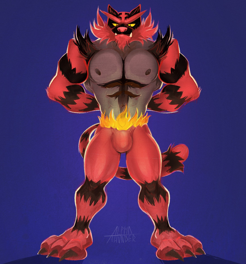 alpha-thunder anthro biceps black_body black_fur claws digital_media_(artwork) fangs felid fur generation_7_pokemon hands_behind_back hi_res incineroar looking_at_viewer male male_only mammal markings multicolored_body multicolored_fur muscular nintendo paws pecs pokemon pokemon_(species) red_body red_fur simple_background snout solo tail teeth two_tone_body two_tone_fur yellow_sclera