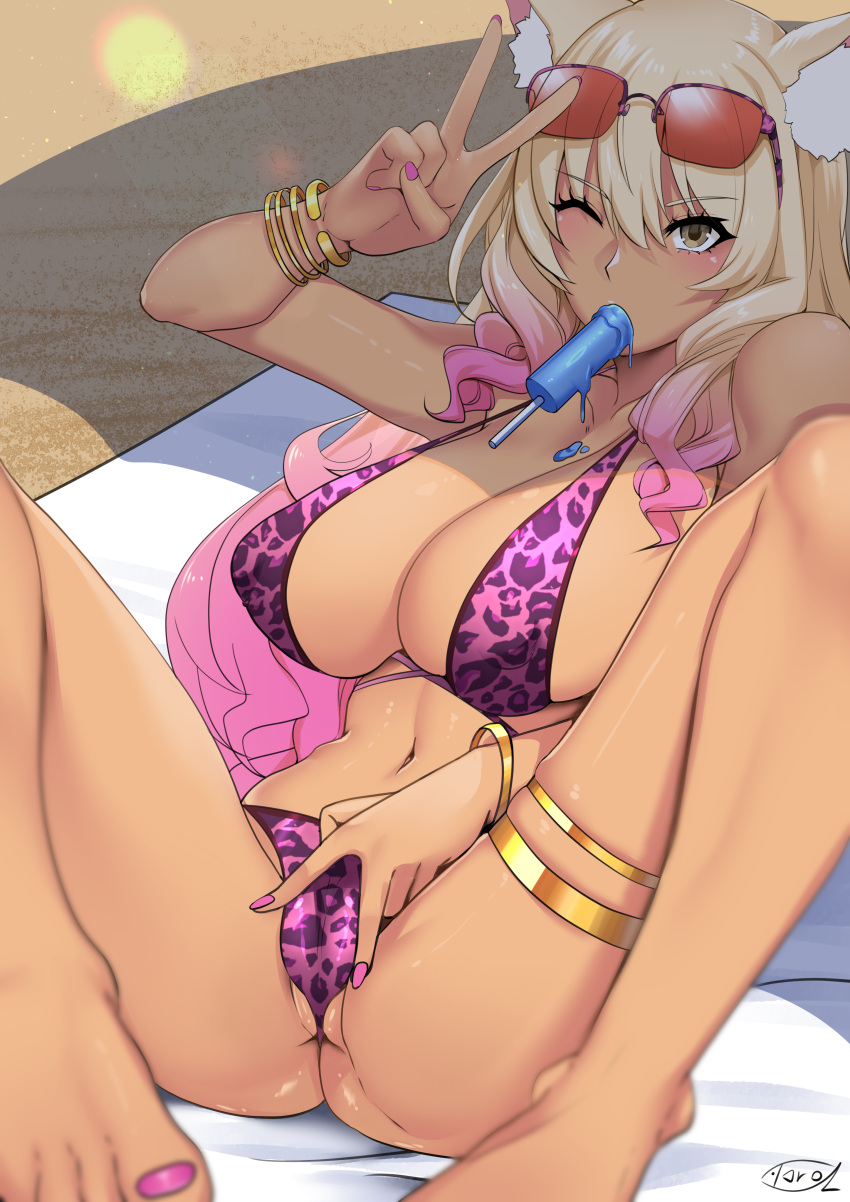 1girls barefoot beach big_ass big_breasts blonde_hair cameltoe fate/grand_order fate_(series) large_breasts laying_down long_hair nail_polish peace_sign pink_nails popsicle sand spray_can suzuka_gozen_(fate) suzuka_gozen_(swimsuit_rider)_(fate) tagme toro_zai v