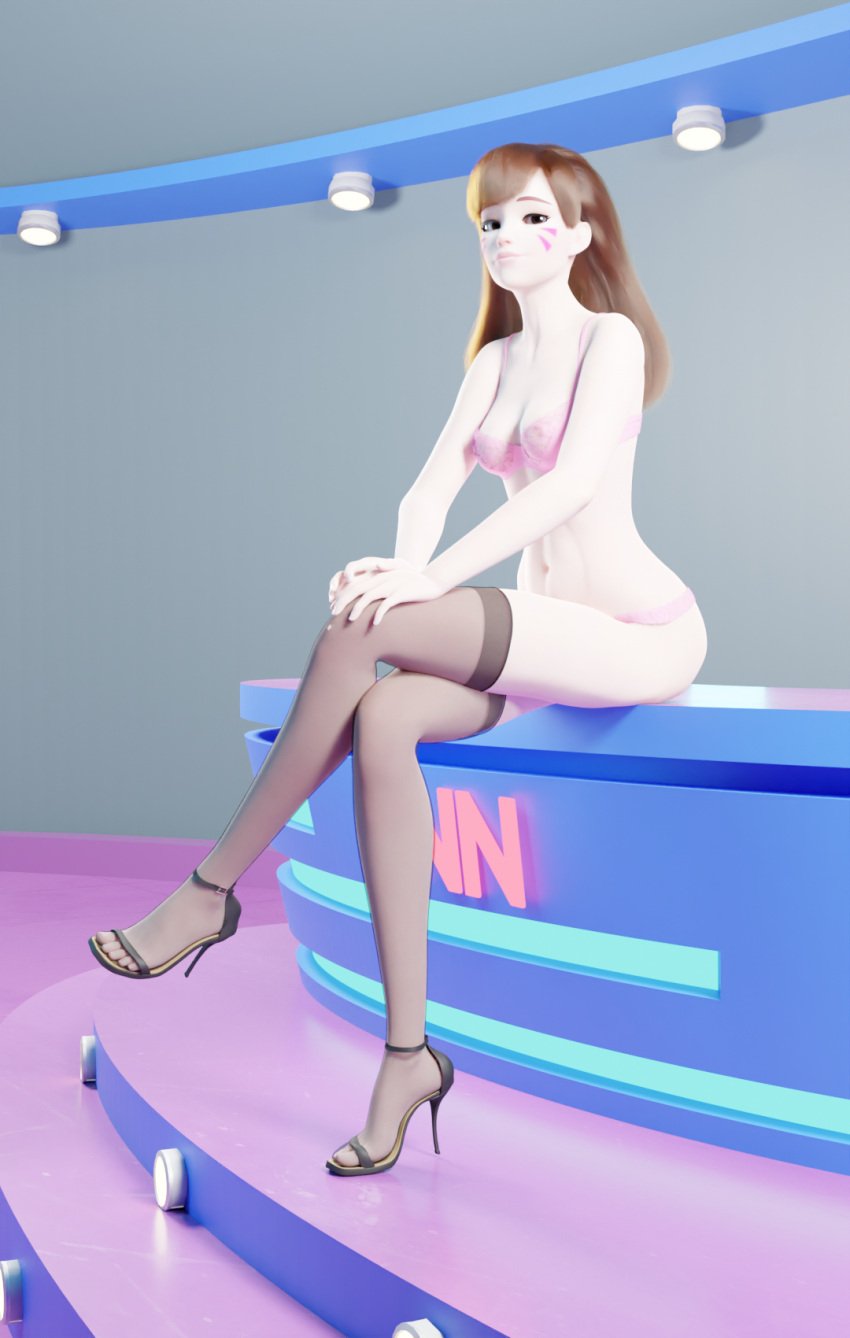 3d brown_eyes brown_hair crossed_legs cute d.va feet high_heels journalist lingerie news news_reporter nude overwatch pink_lingerie pose scportins