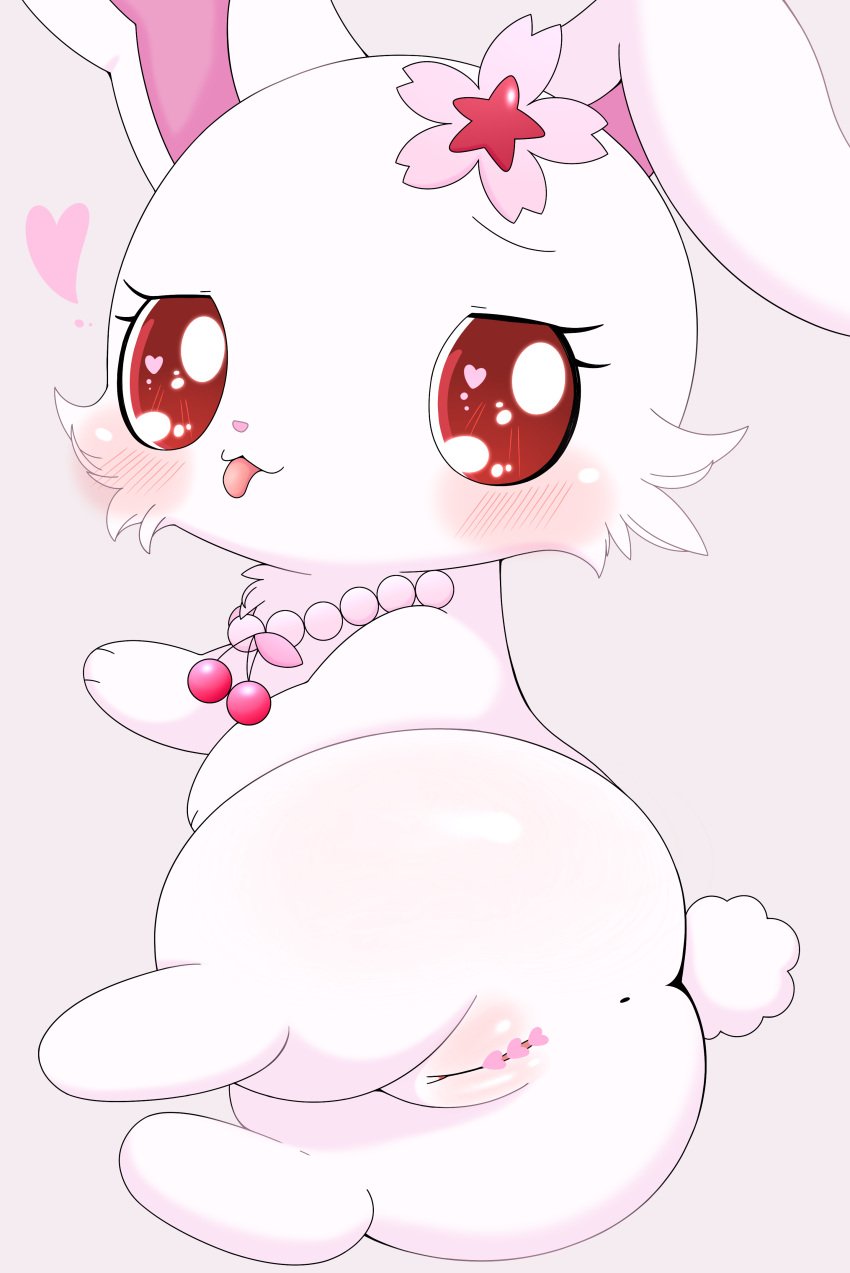 <3_eyes absurd_res accessory anthro anus ass azuo blush censored censored_genitalia censored_pussy facial_tuft female flower flower_in_hair fur genitals hair hair_accessory heart hi_res jewelpet jewelry lagomorph leporid looking_at_viewer looking_back looking_back_at_viewer lying mammal necklace on_side pink_background plant plump_labia presenting presenting_pussy pussy rabbit red_eyes ruby_(jewelpet) sanrio simple_background solo tongue tongue_out white_body white_fur