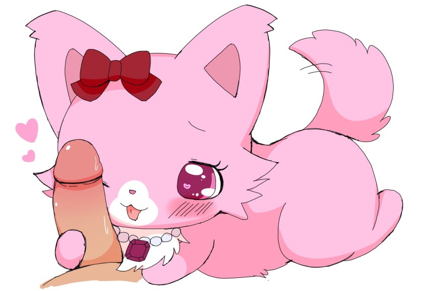 <3_eyes accessory anthro azuo blush bow_ribbon domestic_cat duo felid feline felis female female_focus fur garnet_(jewelpet) genitals hair_accessory hair_ribbon hairbow heart hi_res human human_on_anthro humanoid_genitalia humanoid_penis interspecies jewelpet jewelry lying male male/female mammal necklace on_front penis penis_grab persian_cat pink_body pink_eyes pink_fur ribbons sanrio semi-anthro simple_background solo_focus tail tail_motion tailwag tongue tongue_out white_background