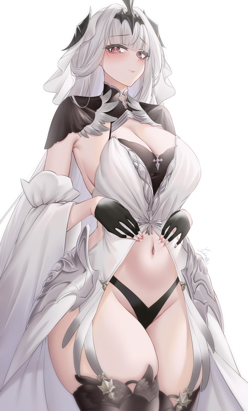 1girls azur_lane belly_button black_gloves blush breasts cleavage clothed clothing embarrassed eyebrows_visible_through_hair female female_only gloves huge_breasts ichikushi_mojibake light-skinned_female light_skin looking_at_viewer marseillaise_(azur_lane) red_eyes solo thick_thighs vichya_dominion_(azur_lane) white_hair