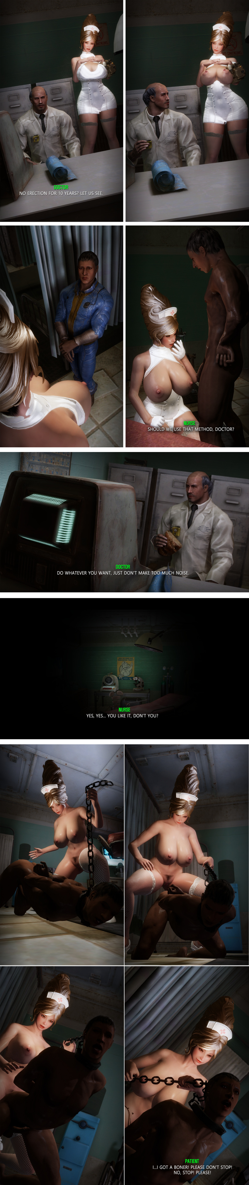 bethesda_softworks chained_collar doctor emotrashcan erectile_dysfunction fallout femdom implied_penetration impotent nurse nurse_cap patient vault_dweller vault_suit