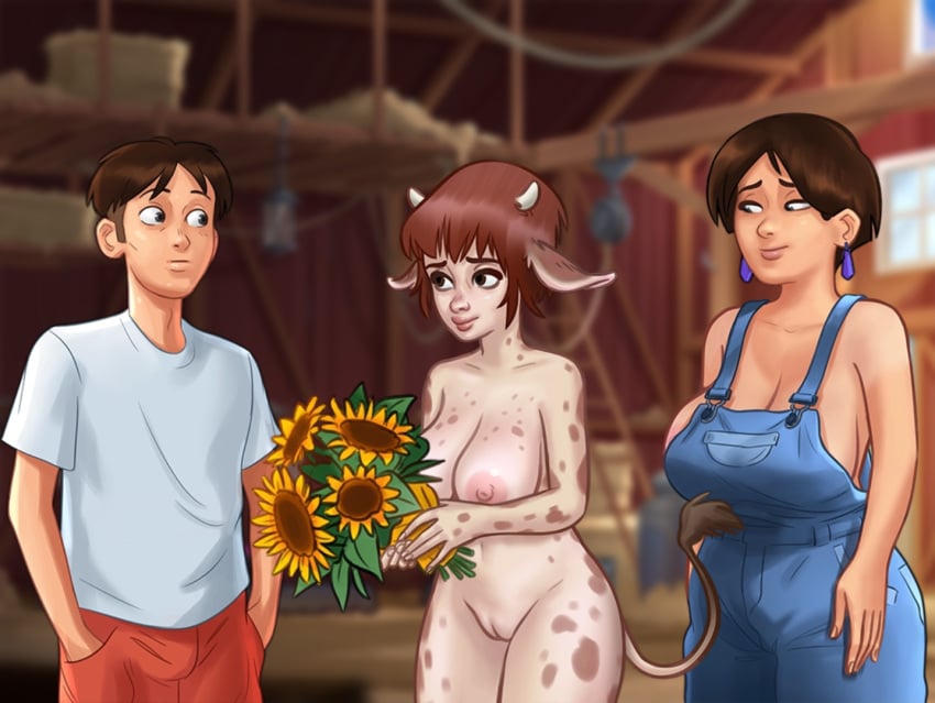 1boy 2d 2girls animal_humanoid areolae barn big_breasts bottomwear breasts brown_hair cleavage clothed clothing cow_ears cow_girl cow_horns cow_print curvy curvy_body curvy_female curvy_figure daisy_(summertime_saga) darkcookie diane_(summertime_saga) digital_drawing_(artwork) digital_media_(artwork) ear_piercing earrings female female_focus flowers hay holding holding_flowers light-skinned_female light-skinned_male light_skin looking_at_another looking_at_partner looking_down main_character_(summertime_saga) male male/female nipples overalls piercing piercings pussy pussy_lips pussy_peek shirt shorts summertime_saga surprised surprised_expression topwear trio vagina