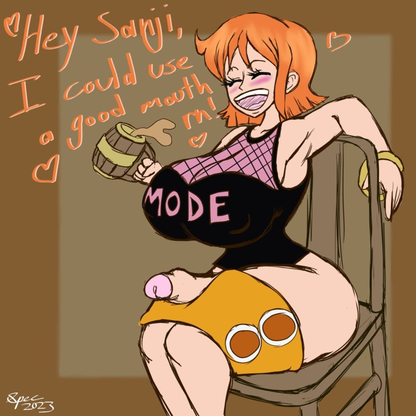 1futa big_penis breasts clothed clothing color dialogue drunk english_text erection futa_only futanari huge_breasts human light-skinned_futanari light_skin mostly_clothed nami one_piece orange_hair partially_retracted_foreskin penis pre-timeskip short_hair sitting sketch solo specnsfw text thick_thighs uncut wide_hips