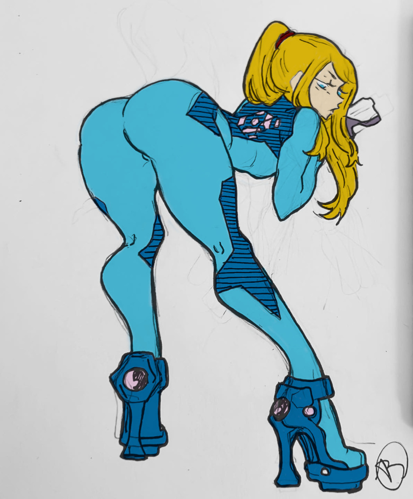 1girls alybmanart ass ass_cleavage ass_focus back_muscles big_ass booty cheeks color_edit colored_sketch dat_ass fat_ass fat_cheeks female grey_background hips huge_ass human light-skinned_female metroid paintmeanon pawg samus_aran simple_background