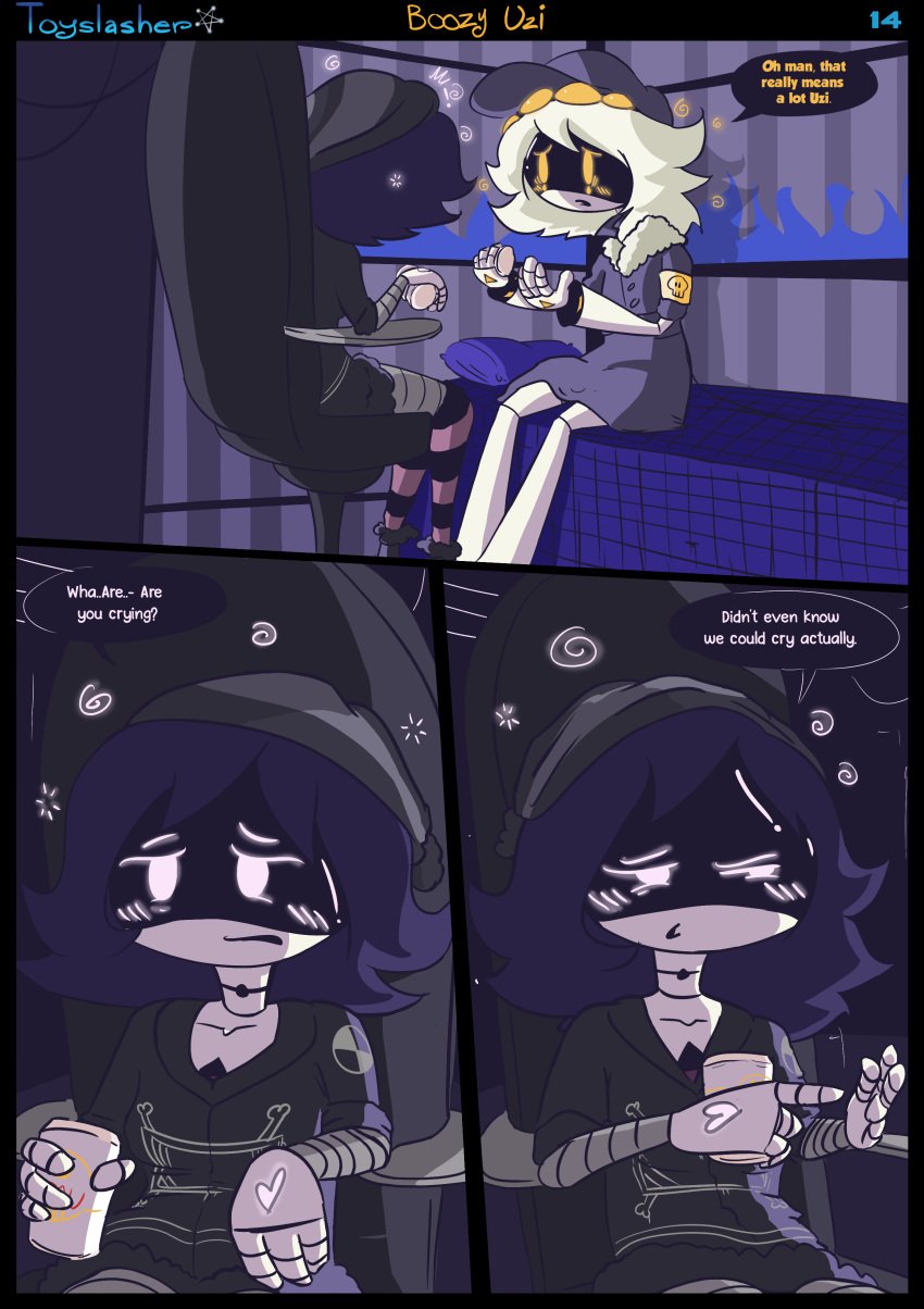 boozy_uzi comic comic_page female glitch_productions murder_drones n_(murder_drones) newgrounds page_14 panels robot robot_boy robot_girl sfw toyslasher twitter uzi_(murder_drones)