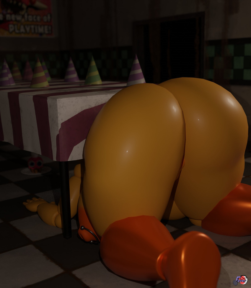 1girls 3d absurd_res animatronic anthro areolae ass ass_view bib big_breasts bird birthday_hat breasts chicken crouched crouching_female cupcake cupcake_(fnaf) curvy female female_only feversfm five_nights_at_freddy's five_nights_at_freddy's_2 gallus_(genus) hi_res mammal nipple_piercing nipples orange_nipples solo toy_chica_(fnaf) toy_chica_(love_taste) under_the_table wide_hips yellow_body