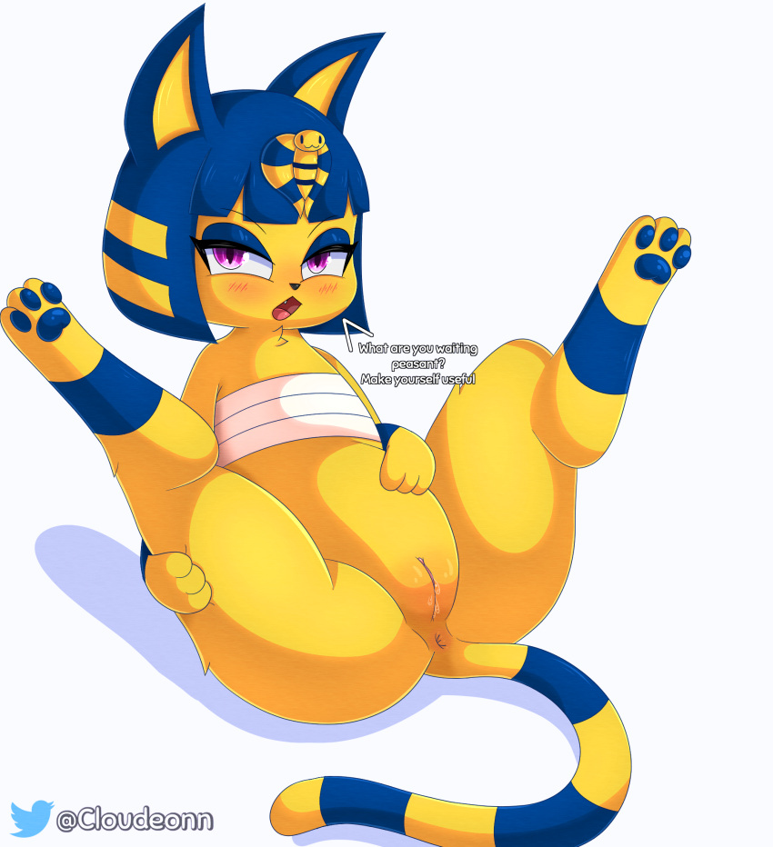 animal_crossing animal_genitalia ankha ankha_(animal_crossing) anus ass blue_hair blush clothing cloudeon digital_media_(artwork) domestic_cat egyptian felid feline felis female feral fur genitals hair hi_res looking_at_viewer mammal nintendo nude open_mouth pussy simple_background solo spread_legs spreading tail text yellow_body yellow_fur