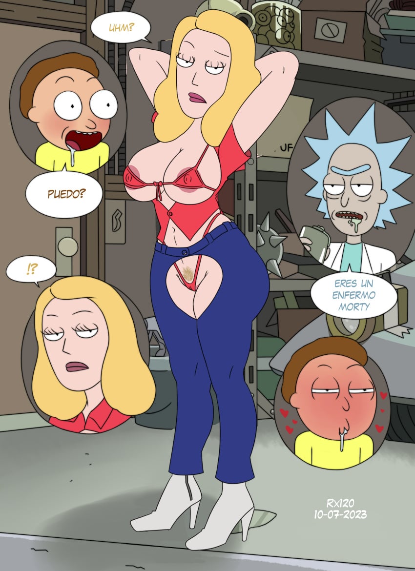 1girls 2boys alternate_version_available beth_smith big_breasts bikini blonde_hair blue_hair brown_hair female female_focus huge_breasts incest light-skinned_female light-skinned_male light_skin long_hair male mature_female milf morty_smith mother pale-skinned_male pale_skin rick_and_morty rick_sanchez rx120 spanish_text speech_bubble young younger_male