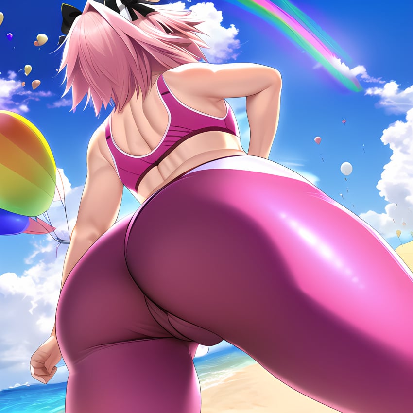 1boy ai_generated ass_focus astolfo_(fate) beach big_ass big_butt bulge fate_(series) femboy girly hot_air_balloon huge_ass novelai ocean pink_hair pov rainbow solo_male spandex sports_bra