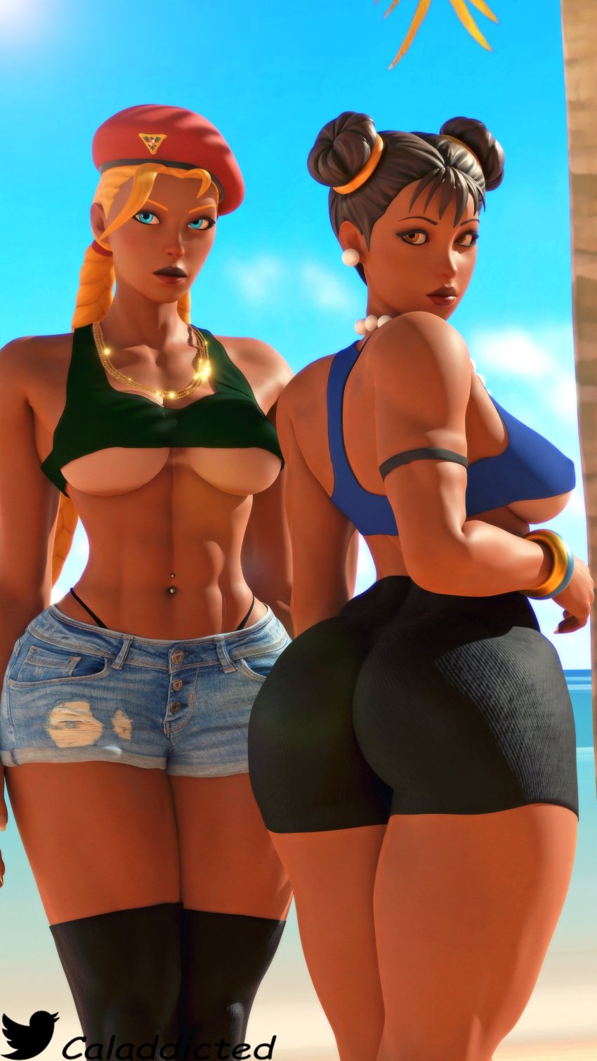 2girls 3d abs ass beret big_ass big_breasts blonde_hair booty_shorts braided_hair brown_eyes caladdicted cammy_white cammy_white_(fortnite) capcom chun-li chun-li_(fortnite) dat_ass earrings eyebrows eyelashes eyeshadow female female_only fortnite fortnite:_battle_royale lipstick looking_at_viewer midriff multiple_girls necklace pierced_navel seductive short_shorts shorts street_fighter tagme teasing thong thong_above_shorts underboob whale_tail