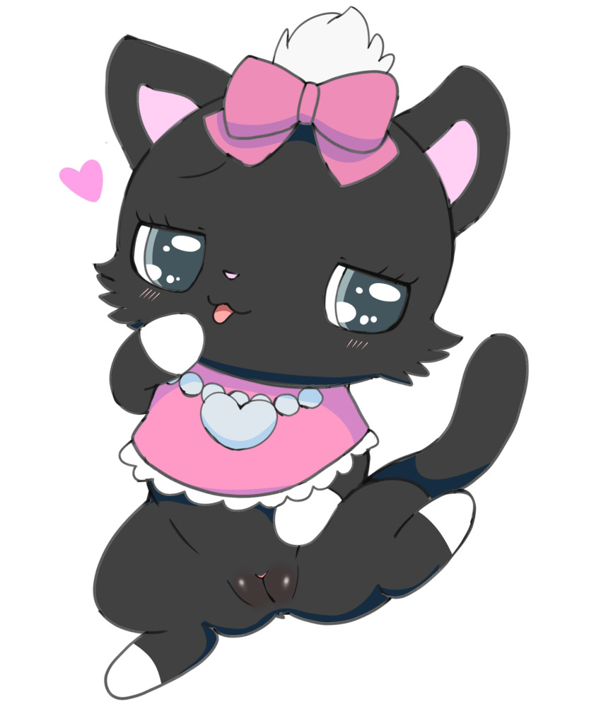 accessory anthro azuo black_body black_fur blush bottomless bow_ribbon clothed clothing diana_(jewelpet) domestic_cat felid feline felis female fur genitals grey_eyes hair_accessory hair_ribbon hairbow heart hi_res jewelpet jewelry mammal necklace plump_labia pussy ribbons sanrio simple_background solo spread_legs spreading white_background