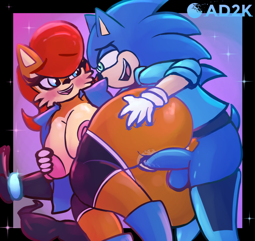 1boy 1boy1girl 1girls anthro ass ass_grab ass_up big_ass big_breasts big_butt big_penis blue_eyes blue_hair blush breast_grab breasts chipmunk clothed_sex clothing couple digital_drawing_(artwork) digital_media_(artwork) drawing duo duo_focus eyebrows eyebrows_visible_through_hair eyelashes female furry furry_only hedgehog jacket large_ass large_breasts looking_at_another lying male male/female mammal mobian_(species) nipples on_side open_clothes penetration princess red_hair sally_acorn sex shorts smile smiling sonic_(series) sonic_the_hedgehog sonic_the_hedgehog_(archie) sonic_the_hedgehog_(comics) sonic_the_hedgehog_(series) superhypersonic2000 thick_thighs wide_hips