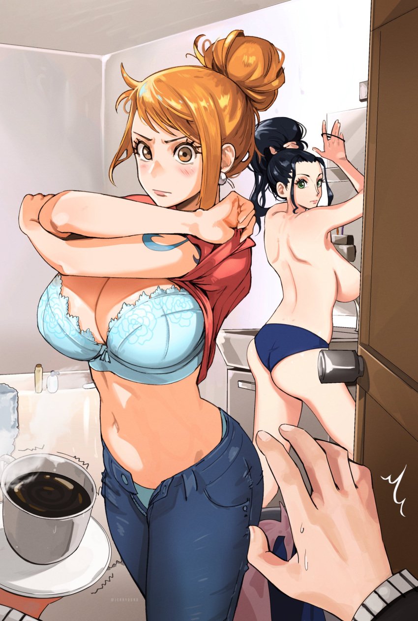 1boy 2girls absurdres bathroom black_hair breasts coffee coffee_mug cup doorknob english_commentary female highres holding holding_plate jeans jerrydurd large_breasts looking_at_viewer male mug multiple_girls nami nami_(one_piece) nico_robin one_piece opening_door orange_hair plate post-timeskip pov surprised topless tying_hair undressing updo vinsmoke_sanji