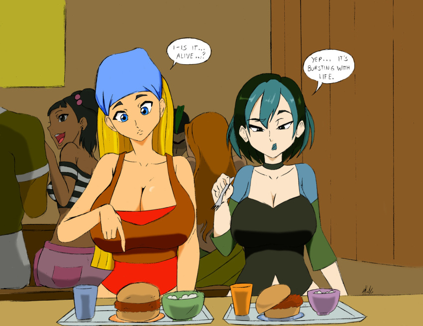 bandana big_breasts black_and_blue_hair black_eyes blonde_hair blue_eyes bro_this_doesnt_ cafeteria disgusted dj_(tdi) duncan_(tdi) dyed_hair food goth_girl gwen_(tdi) have_to_be_here izzy_(tdi) katie_(tdi) lindsay_(tdi) sfw skeezoo total_drama_island