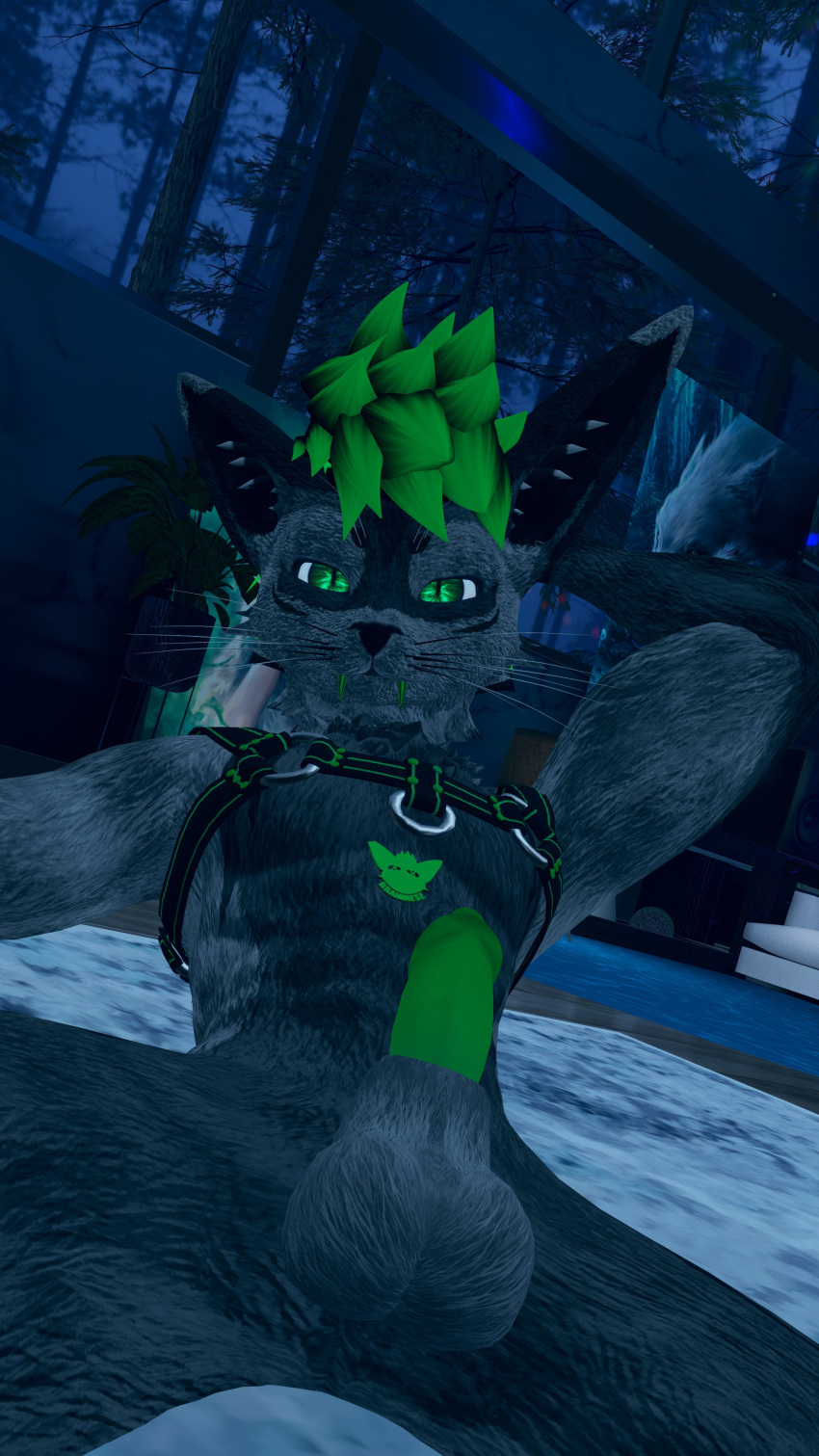 abs animal_genitalia animal_genitals animal_penis anthro anthro_only arm_behind_back balls black_nose bottomless bottomless_male canid canine canine_genitalia canine_genitals canine_penis erect erect_penis erection fur furry furry_only green_hair green_penis green_teeth grey_balls grey_fur harness looking_at_viewer male male_only muscular muscular_male penis tagme twitter vr_media