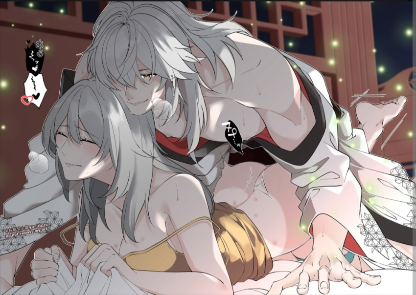 1boy1girl bedroom_eyes blush clutching_sheets gray_hair hickeys honkai:_star_rail honkai_(series) jing_yuan long_hair stelle_(honkai:_star_rail) vaginal_penetration white_hair yoridazo