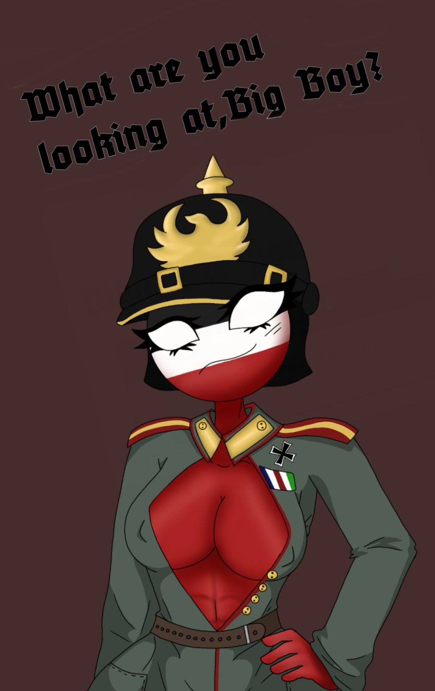 4th_wall_breaking abs belt big_breasts boob_window countryhumans countryhumans_girl curvy curvy_figure english_text eyelashes female german_empire german_empire_(countryhumans) hand_on_hip helmet hourglass_figure huge_breasts iron_cross looking_at_viewer military_uniform muscles pickelhaube simple_background simple_eyes slim_waist smirk smirking solo talking_to_viewer text thick_thighs tilted_head wide_hips world_war_1