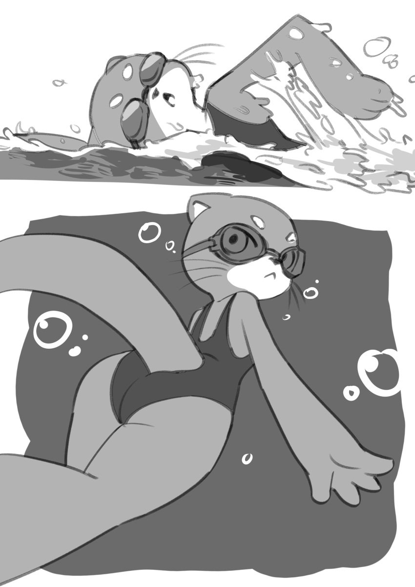 ass big_ass breasts bubbles copyright_request cute female female_only furry furry_only in_water kemokin_mania long_tail ms._ota_(kemokin_mania) open_mouth otter small_breasts swimming swimming_goggles swimsuit tail underwater whiskers