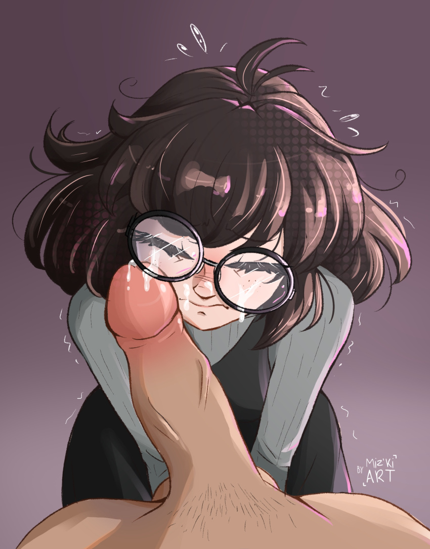 big_glasses big_penis black_dress blush brown_eyes brown_hair closed_eyes closed_mouth cock_worship cum cum_on_face cum_on_glasses dress freckles glasses grey_shirt messy_hair mizkiart nerdy_female on_knees original original_character panic penis penis_on_face purple_background round_glasses shaking short_hair