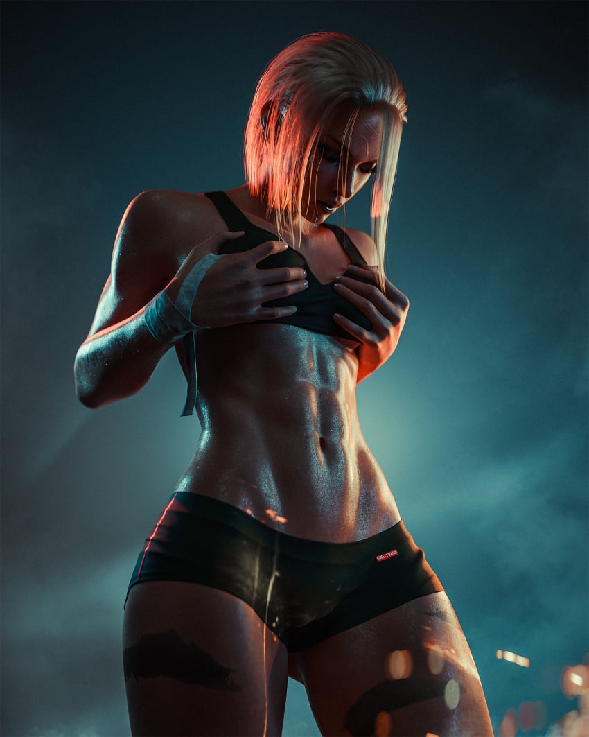 1girls 3d 3d_(artwork) abs blonde_hair bra cammy_white ecksoh female female_only groping_breasts groping_self short_shorts solo solo_female street_fighter sweat sweatdrop sweating toned toned_female