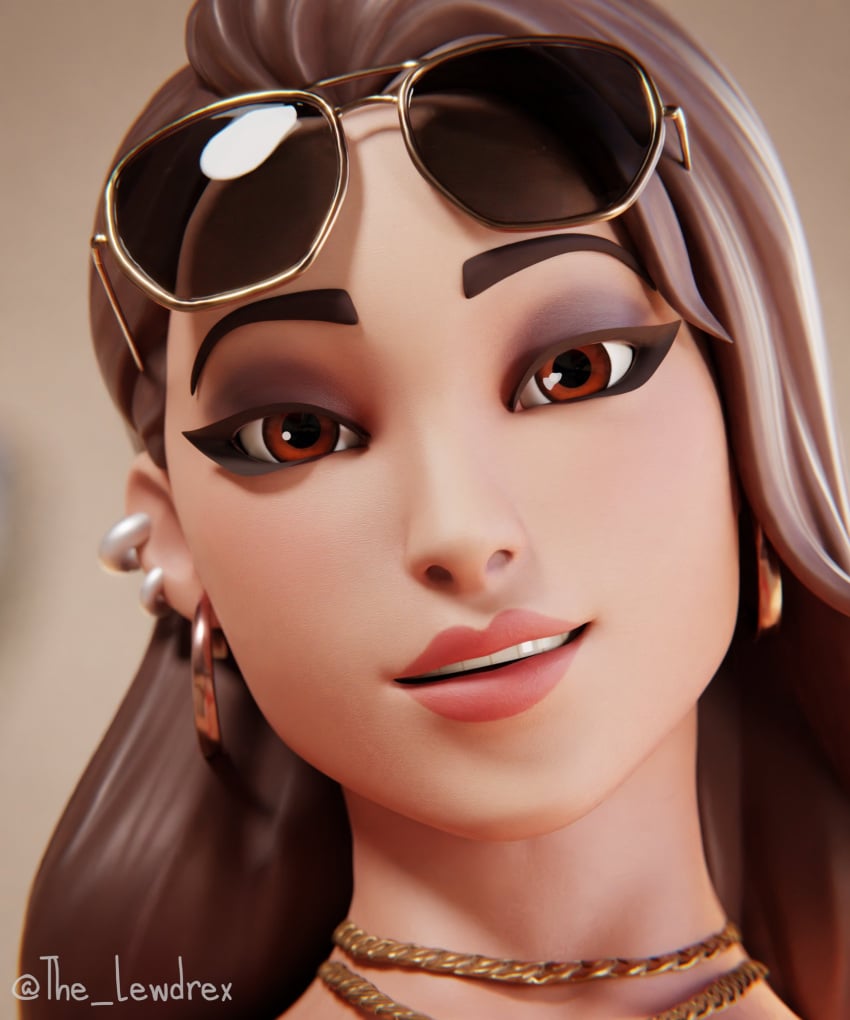 1girls 3d blender boardwalk_ruby_(fortnite) brown_hair close-up couch detailed_background ear_piercing earrings epic_games face_fetish face_focus female female_focus fortnite headwear highres lewdrex light-skinned_female light_skin long_hair looking_at_viewer on_couch presenting ruby_(fortnite) sitting solo solo_focus sunglass sunglasses sunglasses_on_head topless watermark