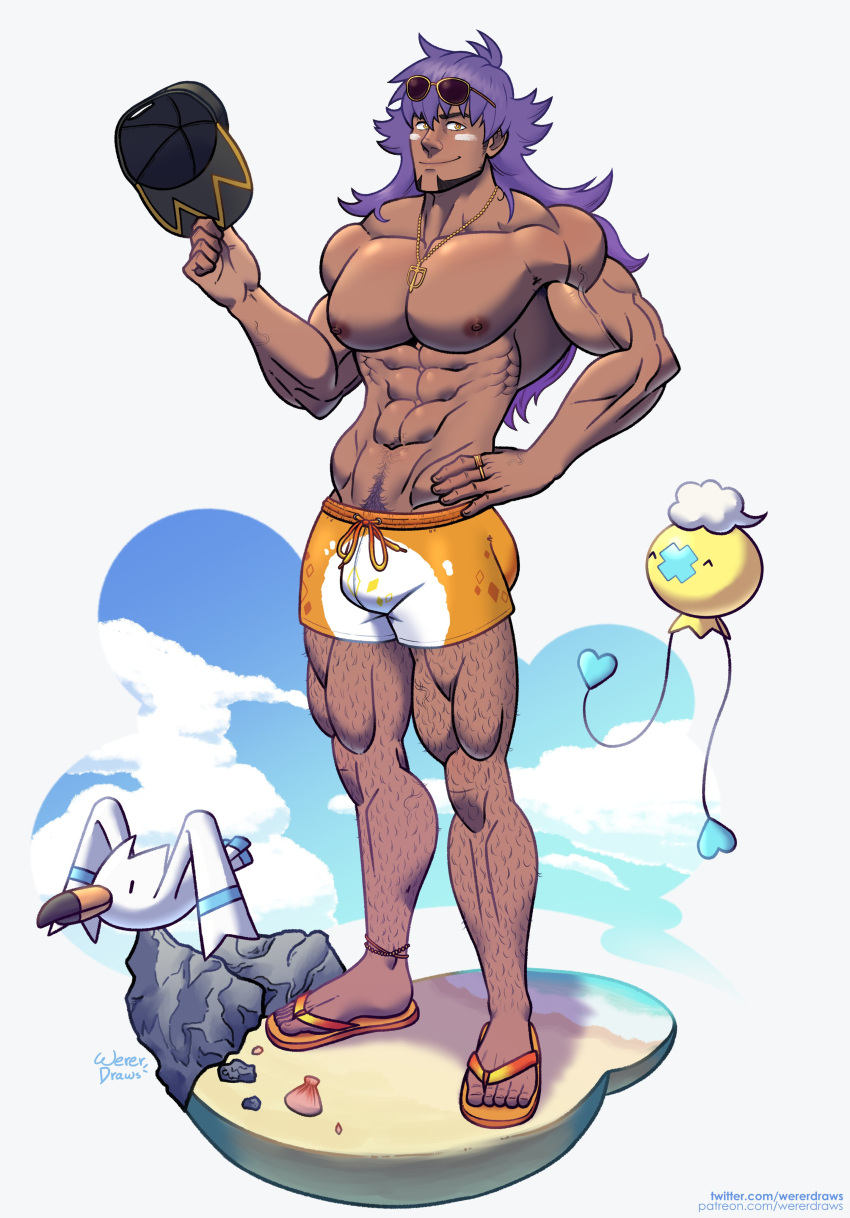 1boy abs beach beard big_pecs brown_skin cap drifloon gay hairy_legs hand_on_hip leg_hair leon_(pokemon) long_hair male male_nipples male_only muscular_arms muscular_male muscular_thighs necklace pokemon pokemon_masters_ex pokemon_ss pokemon_unite pubic_hair purple_hair sandals serratus serratus_anterior shiny_pokemon solo sunglasses swim_trunks swimwear wererdraws wingull