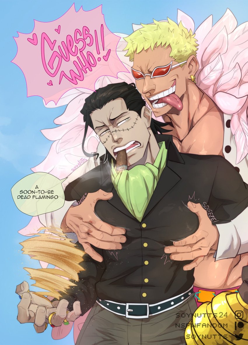 akuma_no_mi blonde_hair button_down_shirt cigarette clothed_male dark_hair dialogue donquixote_doflamingo ear_piercing feather_coat flamboyant from_behind fully_clothed fur_coat glasses hands_on_pecs male male_only one_piece pec_grasp pecs_grab piercing ring sir_crocodile smoking soynutts stitched_face stitches suna_suna_no_mi surprise tagme taller_male text_bubble tongue_out