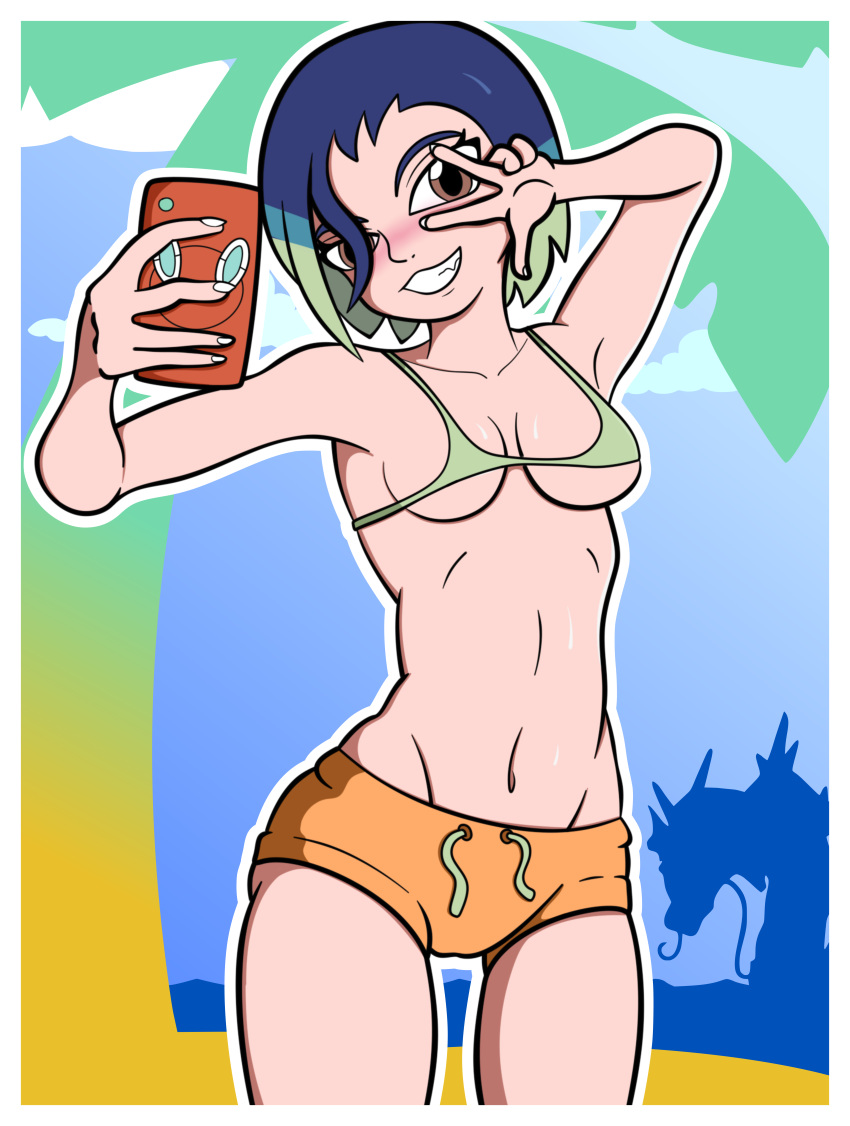 1girls beach bikini blue_hair cellphone dinosaurwalker female_only perrin_(pokemon) pokemon pokemon_sv pokemon_trainer selfie skinny small_breasts solo_female v v_over_eye