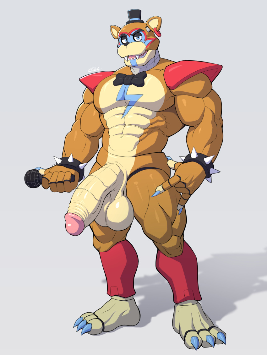 absurd_res animatronic anthro balls bear big_balls big_penis bodypaint bow_tie bracelet brown_body brown_fur claws clothing e-zoid erection face_paint fangs five_nights_at_freddy's five_nights_at_freddy's:_security_breach foreskin front_view fur gay genitals glamrock_freddy_(fnaf) hat headgear headwear hi_res holding_microphone holding_object humanoid_genitalia humanoid_penis jewelry leg_warmers legwear looking_at_viewer machine male male_only mammal microphone muscular muscular_anthro muscular_male nude open_mouth penis robot scottgames shoulder_pads small_hat solo spiked_bracelet spikes steel_wool_studios teeth toe_claws top_hat