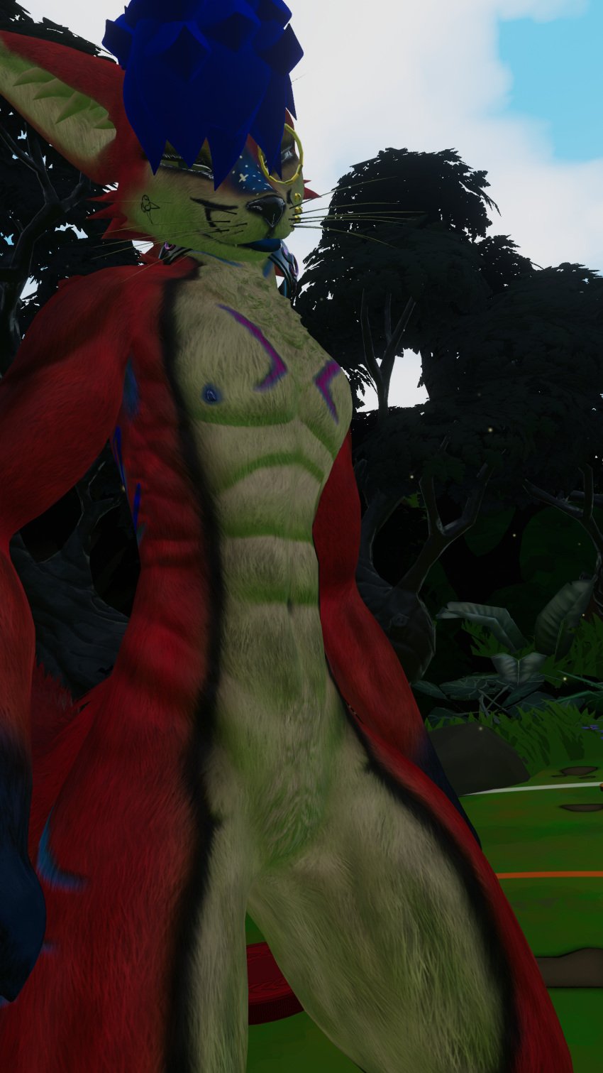 abs anthro anthro_only armpit_hair armpit_hair_peek athletic athletic_male blue_hair canid canine featureless_crotch fox fur furry furry_only male male_only monocle naked nipples nude rain_jur red_fur rexouium tagme twitter url vr_media vrchat vrchat_avatar white_belly