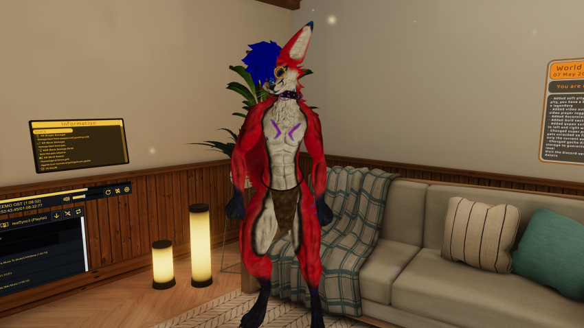 abs anthro anthro_only athletic athletic_male blue_hair fox fur furry furry_only loincloth loincloth_only male male_only monocle muscular muscular_anthro muscular_male nipples rain_jur red_fur rexouium tagme twitter url vr_media vrchat white_belly