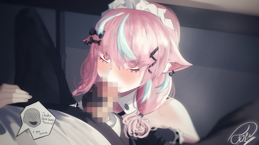 1boy 1girls animal_ears blowjob blue_hair blush cat_ears censored cute emikukis erection fellatio female just_nova kneeling latam_virtual_youtuber looking_at_viewer maid male male/female medium_hair mosaic_censoring oral oral_sex owozu pink_hair red_eyes shateart spanish_text straight sumisa tagme teenager text twintails two_tone_hair under_the_table virtual_youtuber youtube youtube_hispanic