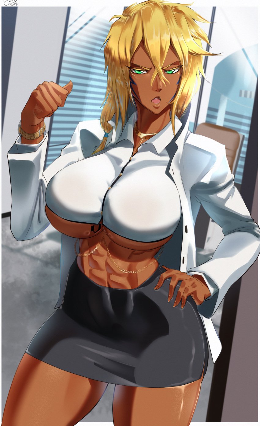 1girls abs bleach blonde_hair breasts brown_skin castell dark-skinned_female dark_skin english_text facial_markings fat_breasts female green_eyes hips large_breasts midriff png six_pack speech_bubble teacher thick_thighs thighs tia_harribel underboob white_clothing wide_hips