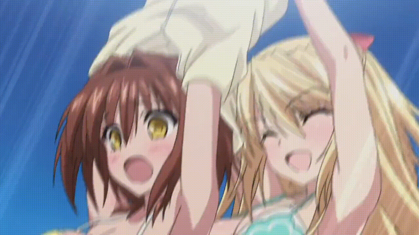 2girls absolute_duo animated bikini bouncing_breasts female female_only giggling hotaka_miyabi miyabi_hotaka multiple_girls suprised undressing undressing_another