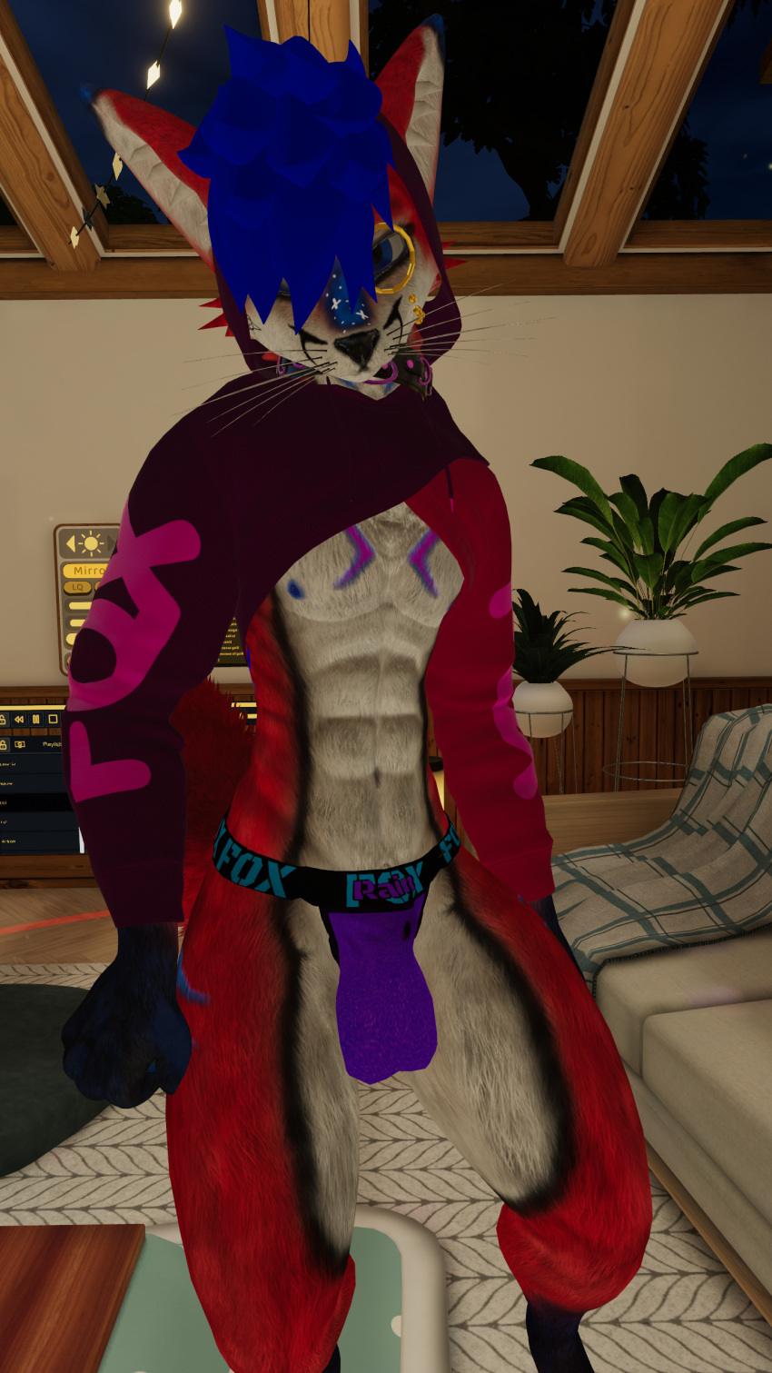 abs anthro anthro_only athletic athletic_male blue_hair bulge fox fur furry furry_only jockstrap male male_only monocle nipples penis_outline precum precum_on_self precum_through_clothes precum_through_clothing precum_through_jockstrap precum_through_underwear rain_jur red_fur rexouium tagme twitter url vr_media vrchat white_belly