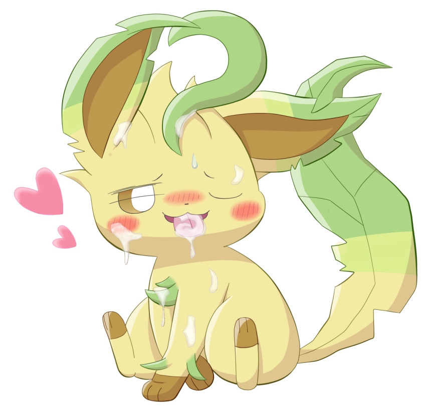 ambiguous_gender blush bodily_fluids cum cum_in_mouth cum_inside cum_on_face eeveelution feral fur generation_4_pokemon genital_fluids heart hi_res kimono_kemono leafeon nintendo one_eye_closed pokemon pokemon_(species) simple_background solo tongue tongue_out white_background yellow_body yellow_fur