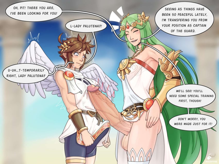 1boy 1futa angel big_penis bottomless breasts clothed clothing cum_on_face dialogue duo erection femboy futa_is_bigger futa_on_male futanari goddess huge_cock human humanoid humanoid_penis imminent_sex intersex kid_icarus light-skinned_futa light-skinned_futanari light-skinned_male light_skin long_hair male mostly_clothed nicoffee nintendo palutena penis penis_awe pit pit_(kid_icarus) standing text twink uncensored