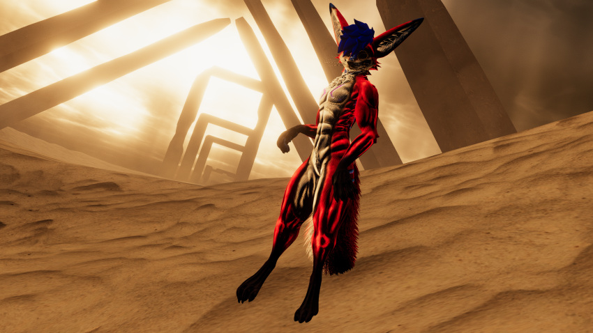 abs athletic athletic_male blue_hair featureless_crotch fox furry monocle nipples rain_jur red_fur rexouium tagme twitter url vr_media vrchat white_belly