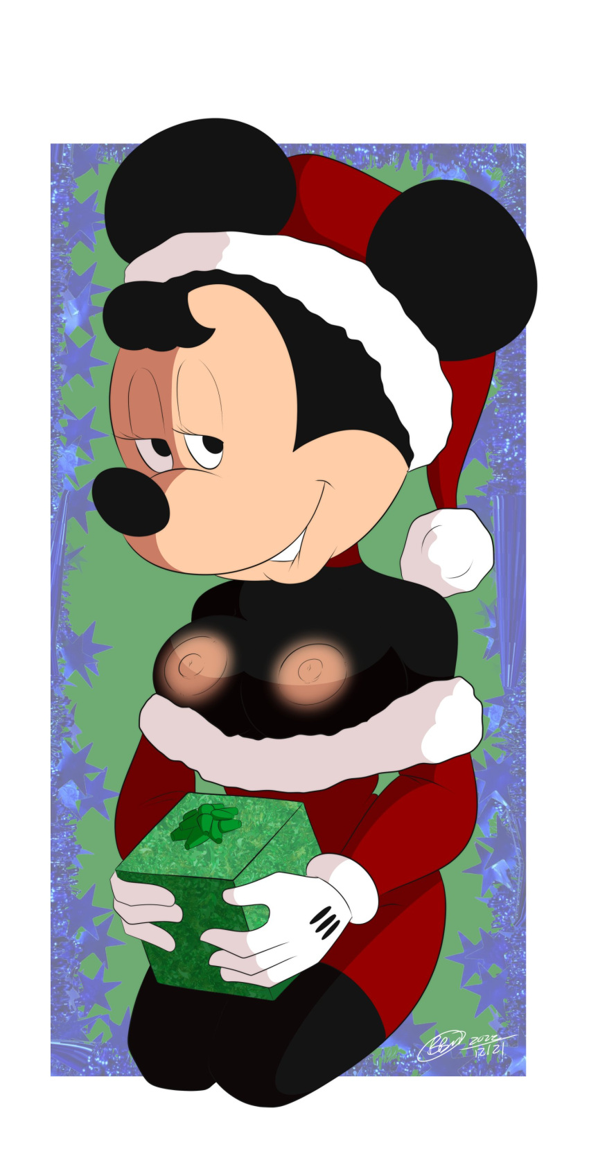 1girls breasts bunbunmuffinart christmas_clothing christmas_hat disney minnie_mouse pink_breasts public_domain simple_background