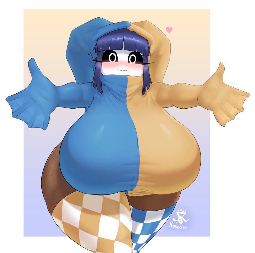 arms_out big_ass blue_hair blush blush_lines blushing_at_viewer brown_skin checkered_clothes checkered_clothing checkered_legwear dark-skinned_female dark_skin duomi_(kalmoire) female female_only freckles_on_ass heart hime_cut huge_ass huge_breasts huge_butt huge_thighs jester kalmoire looking_at_viewer mario_(series) mask masked masked_female multicolored_clothes multicolored_clothing original_character short_hair short_hair_with_long_locks shy_gal thick thick_ass thick_hips thick_legs thick_thighs thigh_highs thigh_socks thighhighs thighs wholesome wide_ass wide_hips wide_thighs