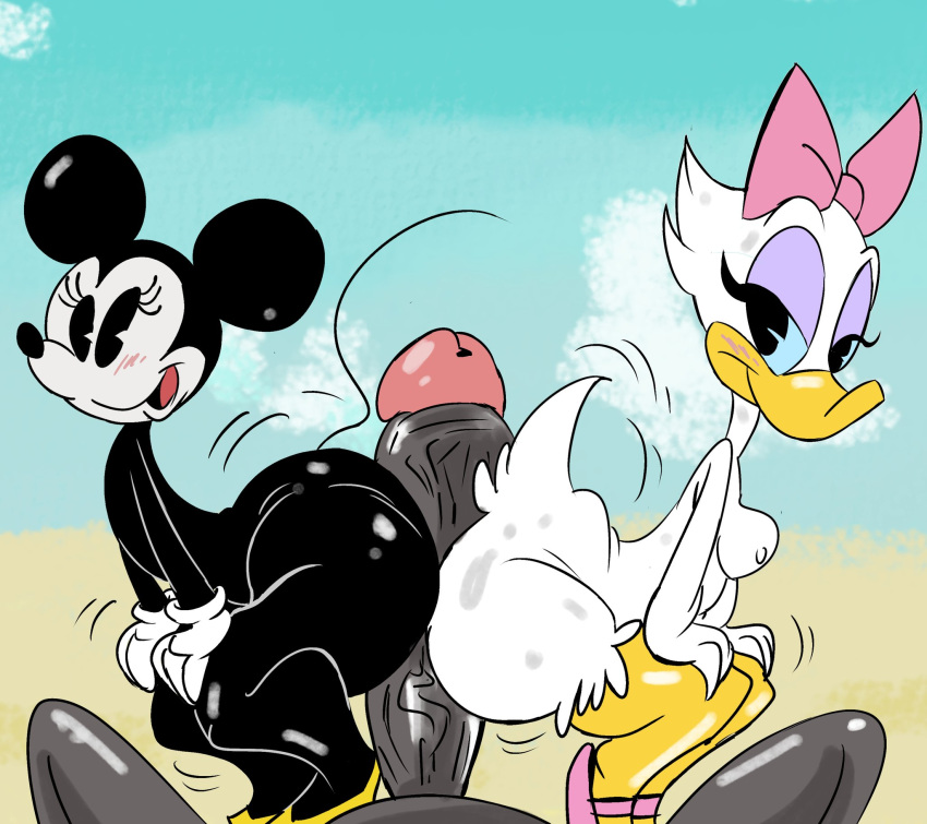 2girls beach blush buttjob daisy_duck disney duck etching175 furry minnie_mouse nude nude_female partial_male rodent