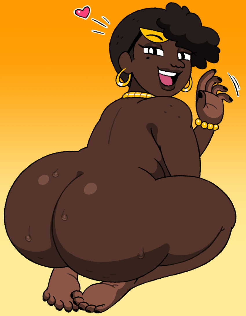 1girls ass ass_focus bbw big_ass big_butt black_nails bottom_heavy bottomless bottomless_female bracelet butt_focus cam_(artist) camhamsunite dark-skinned_female dark_skin earrings exposed_ass feet female female_focus female_only glasses_on_head heart highlighted_soles huge_ass large_ass looking_back mole_under_eye nude nude_female original_character pearl_bracelet pearl_necklace presenting presenting_ass presenting_hindquarters short_hair sitting_on_soles solo solo_female sunglasses_on_head waving waving_at_viewer