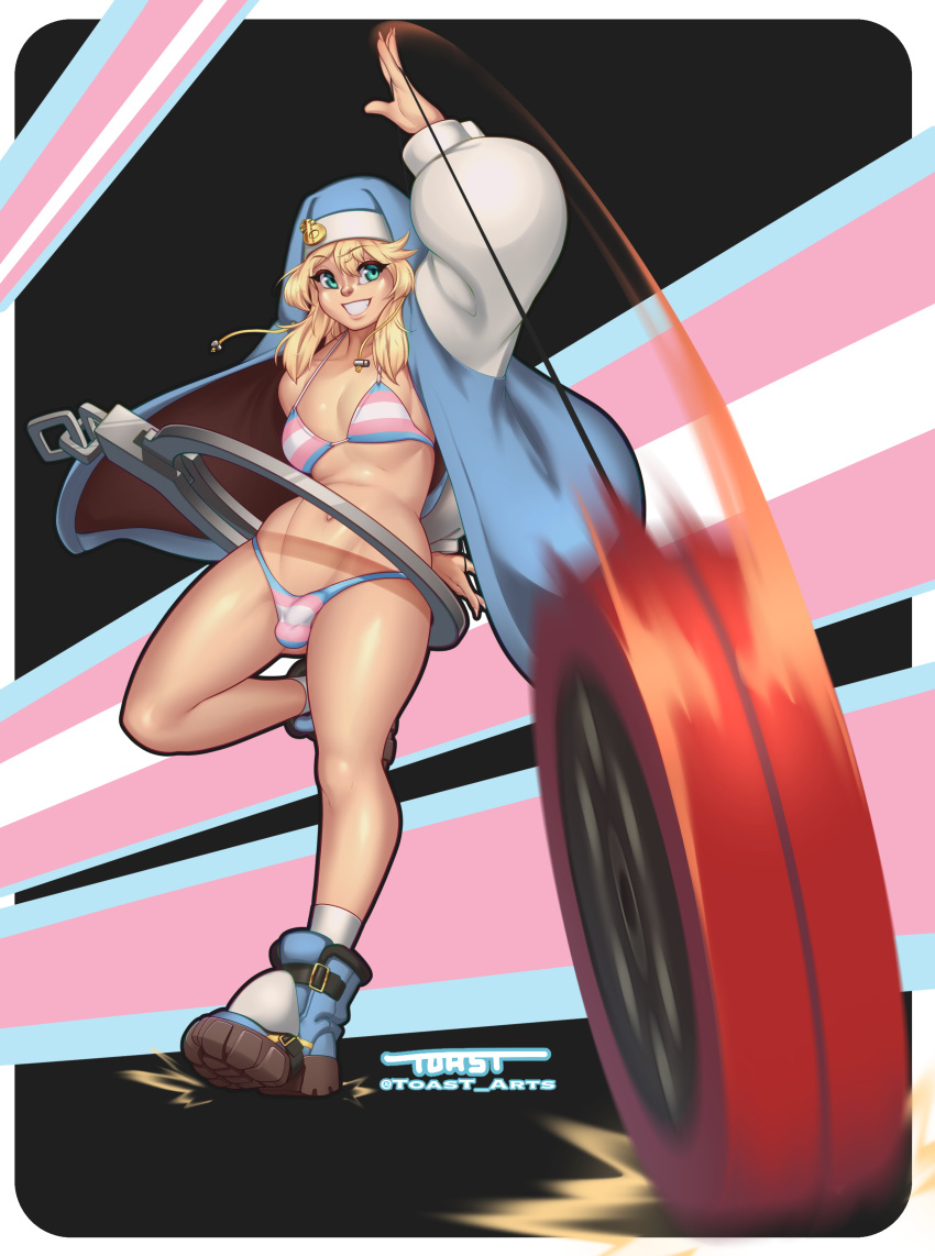 1boy bikini blonde_hair blue_eyes breasts bridget bulge femboy guilty_gear male toast-arts trap yo-yo