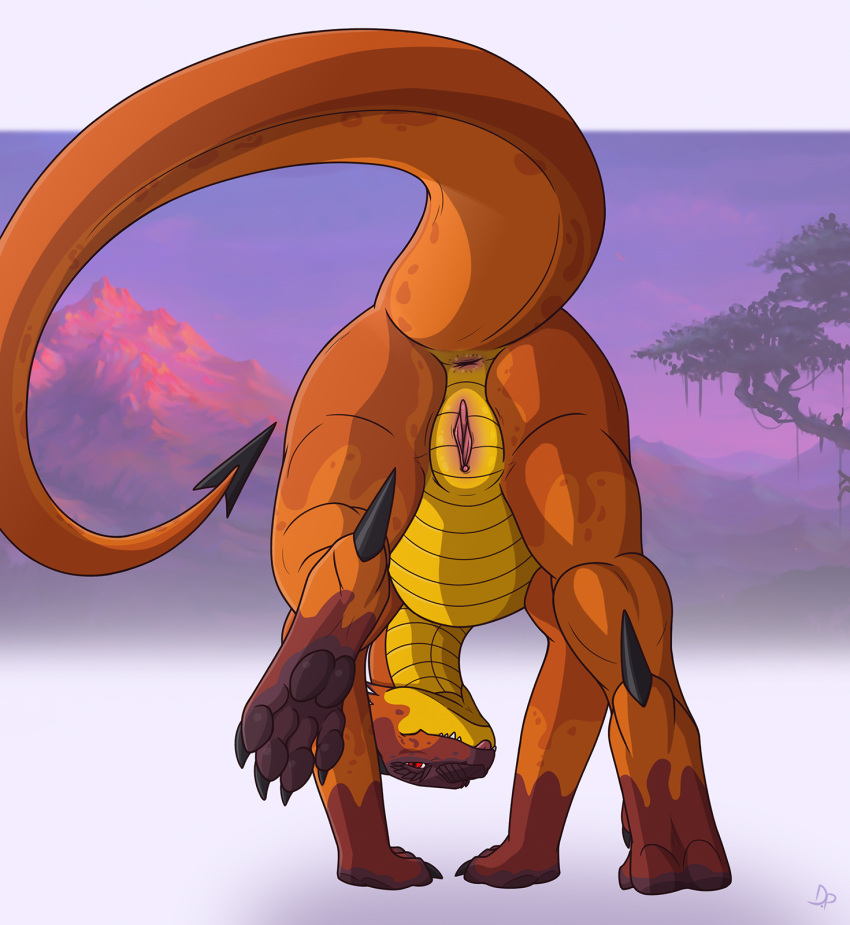 anus ass belly_scales blade_tail blep dirty.paws dragon feet female feral genitals heel_spike hi_res looking_through looking_through_legs orange_body orange_scales presenting presenting_hindquarters pussy scales scalie solo sunset tongue tongue_out wingless_dragon yellow_body yellow_scales