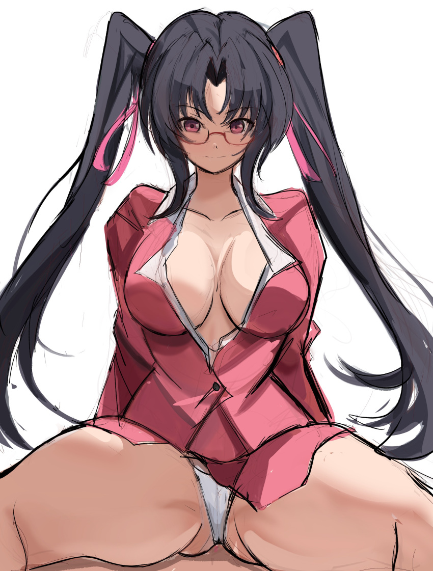 black_hair breasts female glasses hair_ribbon high_school_dxd long_hair pink_eyes rakeemspoon secretary serafall_leviathan smile solo spread_legs twintails underwear